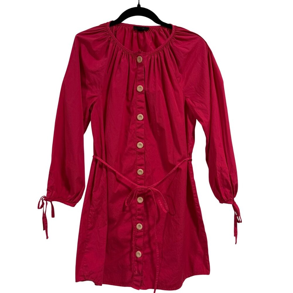 J.Crew Tie-Sleeve Button-Front Shirt Dress in Cotton Poplin Hot‎ Pink Size XS